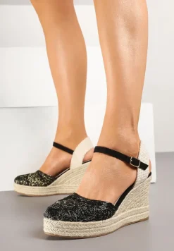 Czarne Sandały Boho na Plecionym Koturnie z Wkładką ze Skóry Naturalnej Maniffia