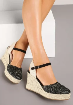 Czarne Sandały Boho na Plecionym Koturnie z Wkładką ze Skóry Naturalnej Maniffia