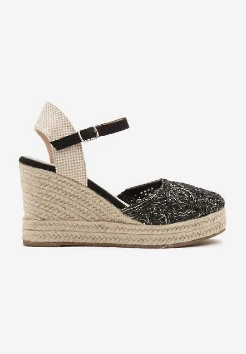 Czarne Sandały Boho na Plecionym Koturnie z Wkładką ze Skóry Naturalnej Maniffia