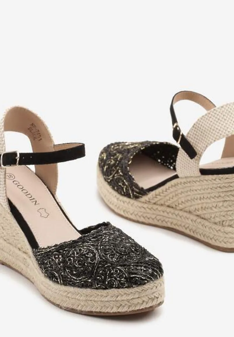 Czarne Sandały Boho na Plecionym Koturnie z Wkładką ze Skóry Naturalnej Maniffia