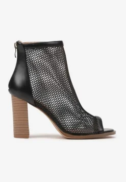 Czarne Sandały Botki na Słupku Peep Toe z Siateczkową Cholewką Loridi