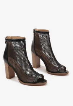 Czarne Sandały Botki na Słupku Peep Toe z Siateczkową Cholewką Loridi