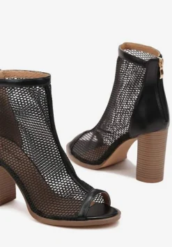 Czarne Sandały Botki na Słupku Peep Toe z Siateczkową Cholewką Loridi