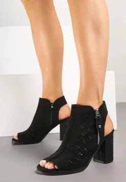 Czarne Sandały Botki Peep Toe na Obcasie z Ażurową Cholewką Julliane