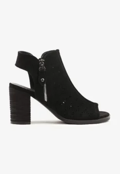 Czarne Sandały Botki Peep Toe na Obcasie z Ażurową Cholewką Julliane