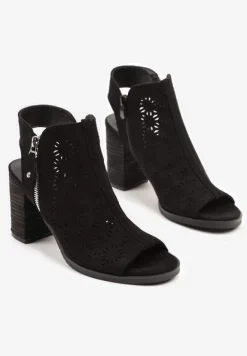 Czarne Sandały Botki Peep Toe na Obcasie z Ażurową Cholewką Julliane