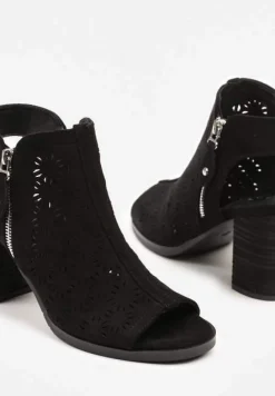 Czarne Sandały Botki Peep Toe na Obcasie z Ażurową Cholewką Julliane