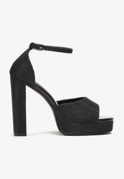 Czarne Sandały Brokatowe na Słupku i Platformie Mudis