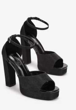 Czarne Sandały Brokatowe na Słupku i Platformie Mudis