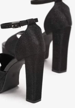 Czarne Sandały Brokatowe na Słupku i Platformie Mudis