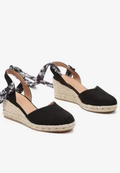 Czarne Sandały Espadryle na Koturnie Wiązane Przy Kostce Mirilthe