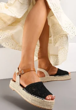 Czarne Sandały Espadryle z Plecionym Noskiem Peep Toe i Jutową Platformą Drelpa