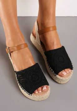 Czarne Sandały Espadryle z Plecionym Noskiem Peep Toe i Jutową Platformą Drelpa