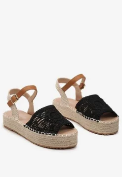 Czarne Sandały Espadryle z Plecionym Noskiem Peep Toe i Jutową Platformą Drelpa