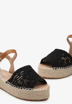 Czarne Sandały Espadryle z Plecionym Noskiem Peep Toe i Jutową Platformą Drelpa