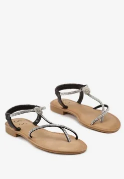 Czarne Sandały Japonki na Płaskiej Podeszwie z Cyrkoniami na PaseczkachTessama