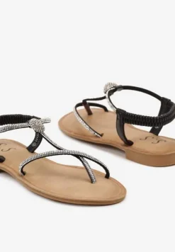 Czarne Sandały Japonki na Płaskiej Podeszwie z Cyrkoniami na PaseczkachTessama