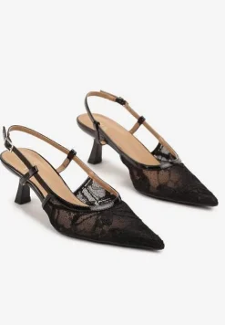 Czarne Sandały Koronkowe na Kaczuszce z Noskiem w Szpic i Odkrytą Piętą Tyslevia