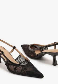 Czarne Sandały Koronkowe na Kaczuszce z Noskiem w Szpic i Odkrytą Piętą Tyslevia