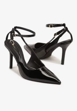 Czarne Sandały Lakierowane Vices na Szpilce Typu Slingback Dolenita