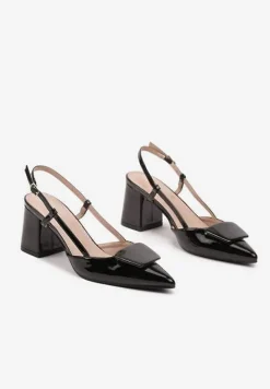 Czarne Sandały Lakierowane na Słupku Slingback z Ozdobą na Nosku Vommea