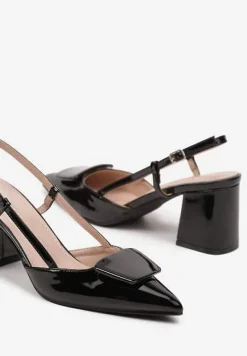 Czarne Sandały Lakierowane na Słupku Slingback z Ozdobą na Nosku Vommea