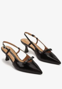 Czarne Sandały Lakierowane na Kaczuszce Typu Slingback z Kokardą Nonarilin