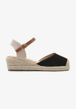 Czarne Sandały na Koturnie z Plecionki Zapinane Wokół Kostki Fiolla