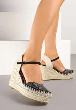 Czarne Sandały na Koturnie w Typie Espadryli Ozdobione Plecionką Akiora