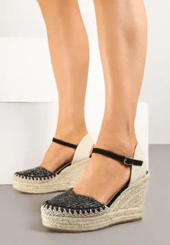 Czarne Sandały na Koturnie w Typie Espadryli Ozdobione Plecionką Akiora