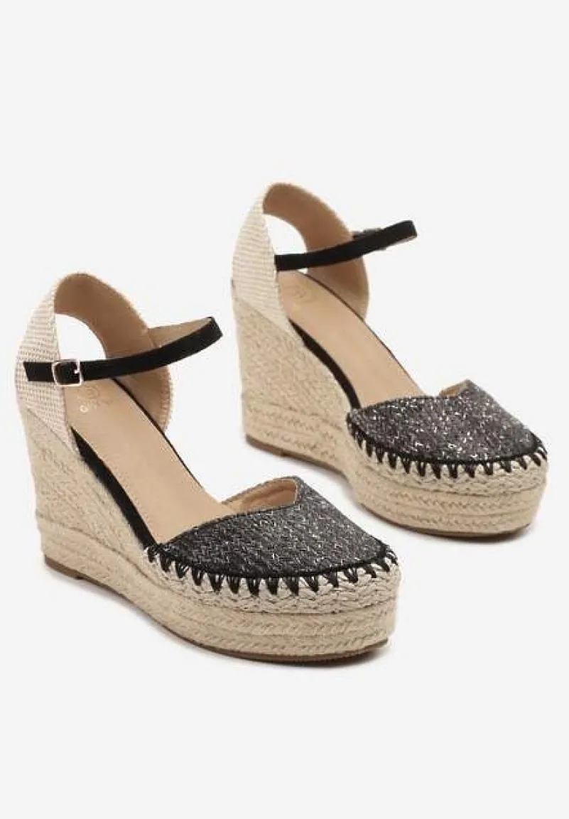 Czarne Sandały na Koturnie w Typie Espadryli Ozdobione Plecionką Akiora