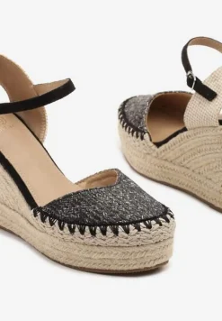 Czarne Sandały na Koturnie w Typie Espadryli Ozdobione Plecionką Akiora