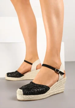 Czarne Sandały na Koturnie z Plecionką Nevanille