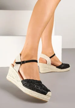Czarne Sandały na Koturnie z Plecionką Nevanille