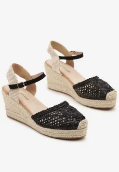 Czarne Sandały na Koturnie z Plecionką Nevanille