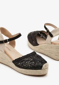 Czarne Sandały na Koturnie z Plecionką Nevanille