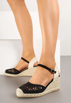 Czarne Sandały na Koturnie z Plecionką z Ażurową Cholewką Belvesin