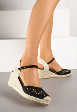 Czarne Sandały na Koturnie z Plecionką z Ażurową Cholewką Belvesin