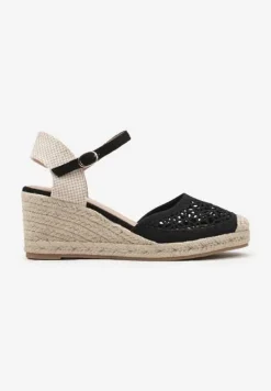 Czarne Sandały na Koturnie z Plecionką z Ażurową Cholewką Belvesin