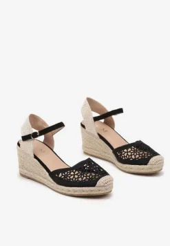 Czarne Sandały na Koturnie z Plecionką z Ażurową Cholewką Belvesin