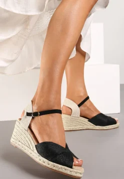 Czarne Sandały na Koturnie Ozdobionym Plecionką Zapinane przy Kostce Elalou