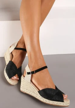 Czarne Sandały na Koturnie Ozdobionym Plecionką Zapinane przy Kostce Elalou