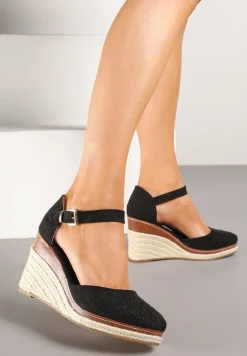 Czarne Sandały na Koturnie z Plecionką w Stylu Espadryli Alathria