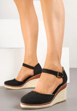Czarne Sandały na Koturnie z Plecionką w Stylu Espadryli Alathria