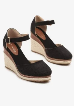 Czarne Sandały na Koturnie z Plecionką w Stylu Espadryli Alathria