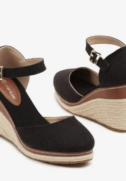 Czarne Sandały na Koturnie z Plecionką w Stylu Espadryli Alathria