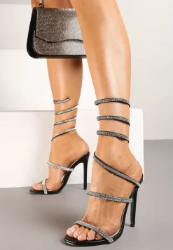Czarne Sandały na Obcasie Ozdobione Cyrkoniową Sprężyną na Łydkę Nelesi