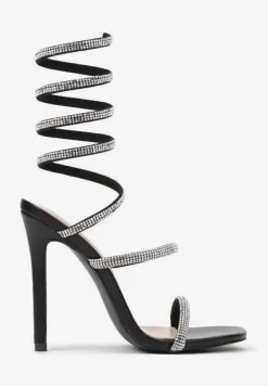 Czarne Sandały na Obcasie Ozdobione Cyrkoniową Sprężyną na Łydkę Nelesi