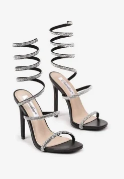 Czarne Sandały na Obcasie Ozdobione Cyrkoniową Sprężyną na Łydkę Nelesi