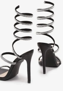 Czarne Sandały na Obcasie Ozdobione Cyrkoniową Sprężyną na Łydkę Nelesi